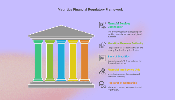 Visual representation of Mauritius financial regulatory framework showing FSC, MRA, BOM, FIU and CBRD regulatory pillars
