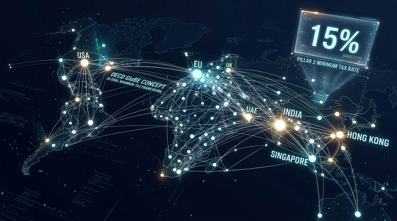 Pillar Two Readiness and QDMTT Advisory — global tax jurisdiction map with glowing nodes