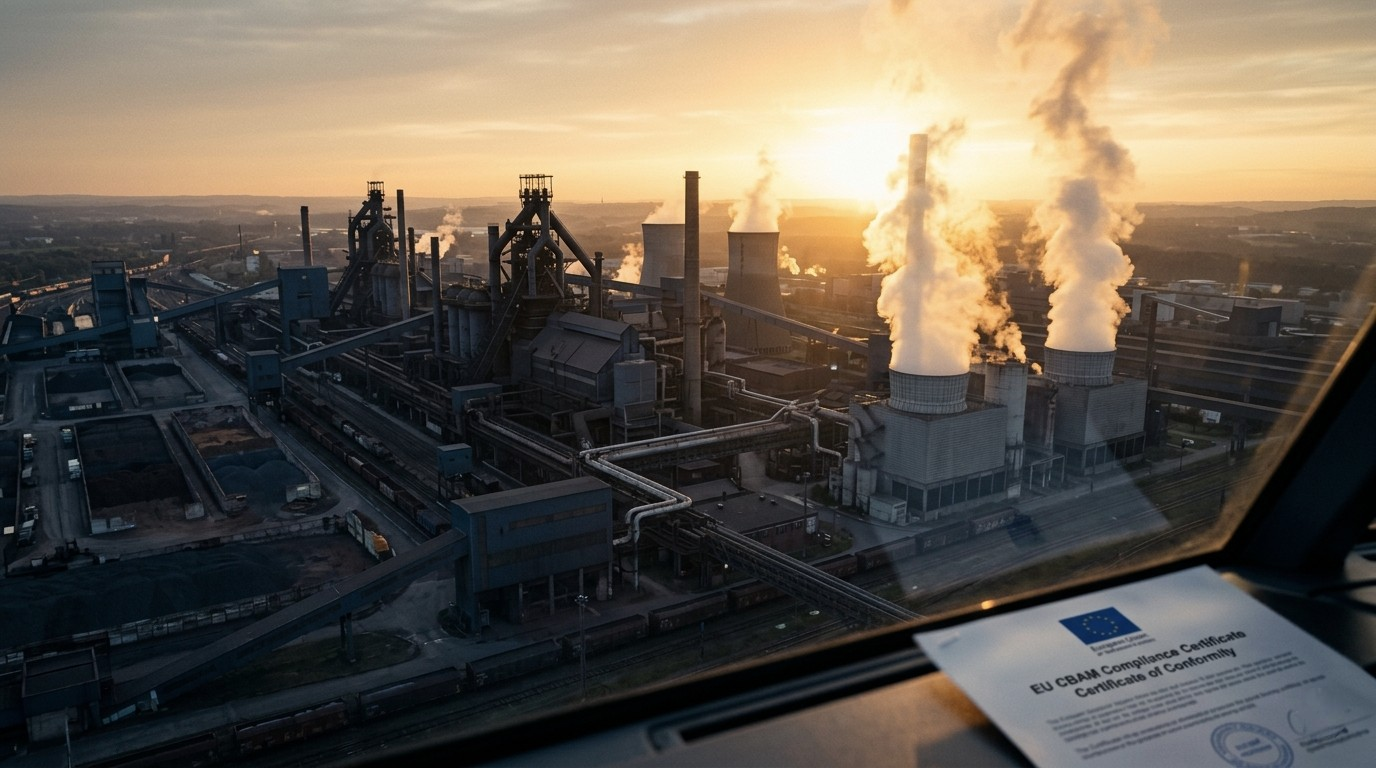 CBAM and Carbon Credit Tax — steel plant aerial with decarbonisation overlay