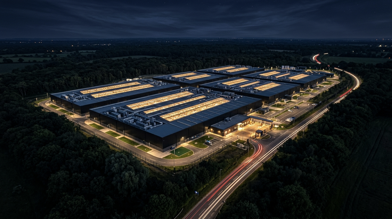 Data Centre REIT and InvIT Monetisation — hyperscale data centre campus aerial at night