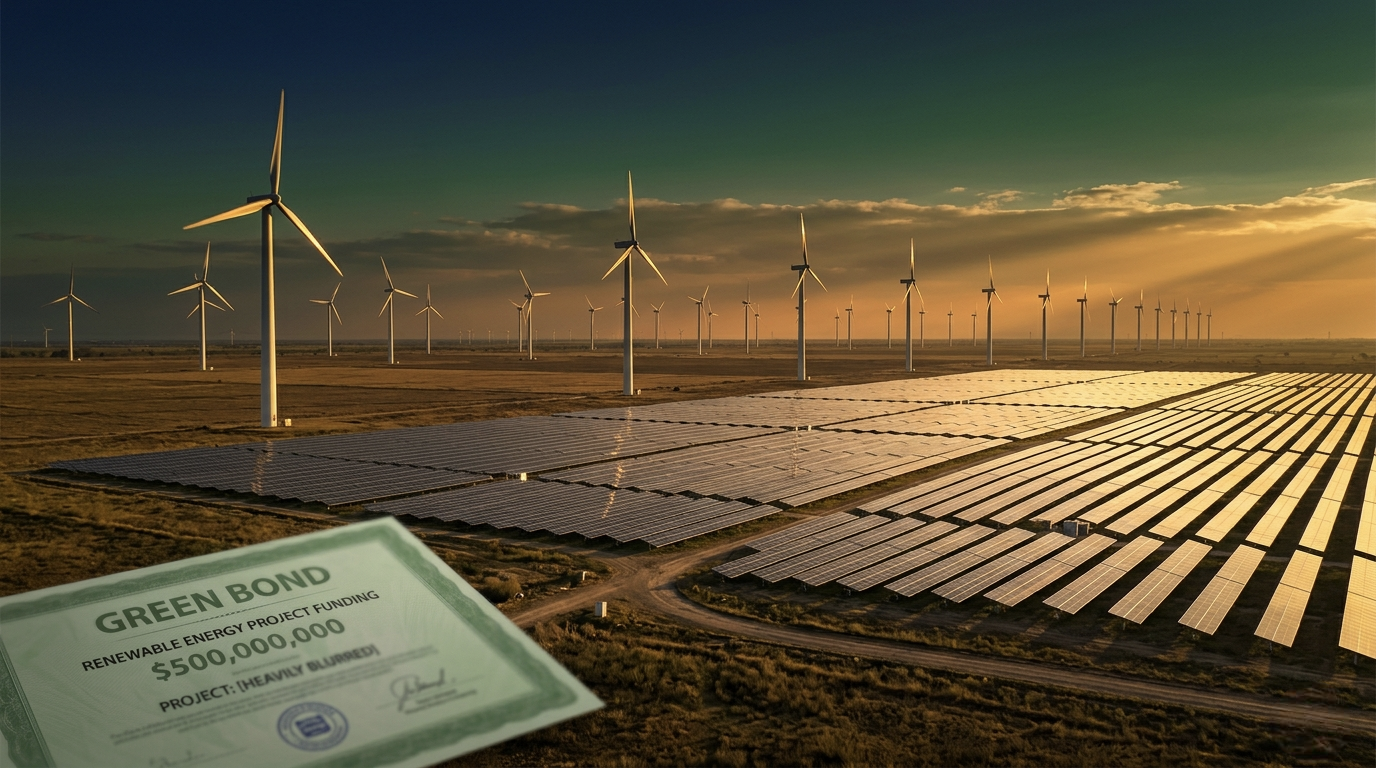 Green Bond and Sustainability-Linked Financing Tax — wind turbines and solar at golden hour
