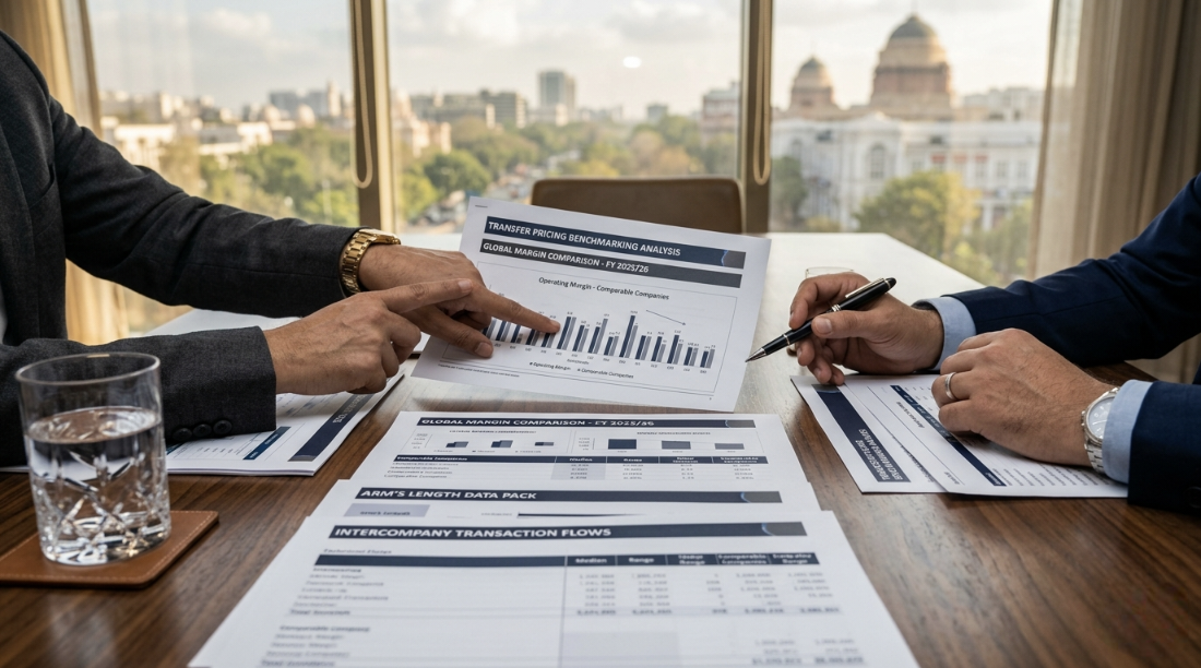 Transfer Pricing Advisory — corporate boardroom with benchmarking analysis documents