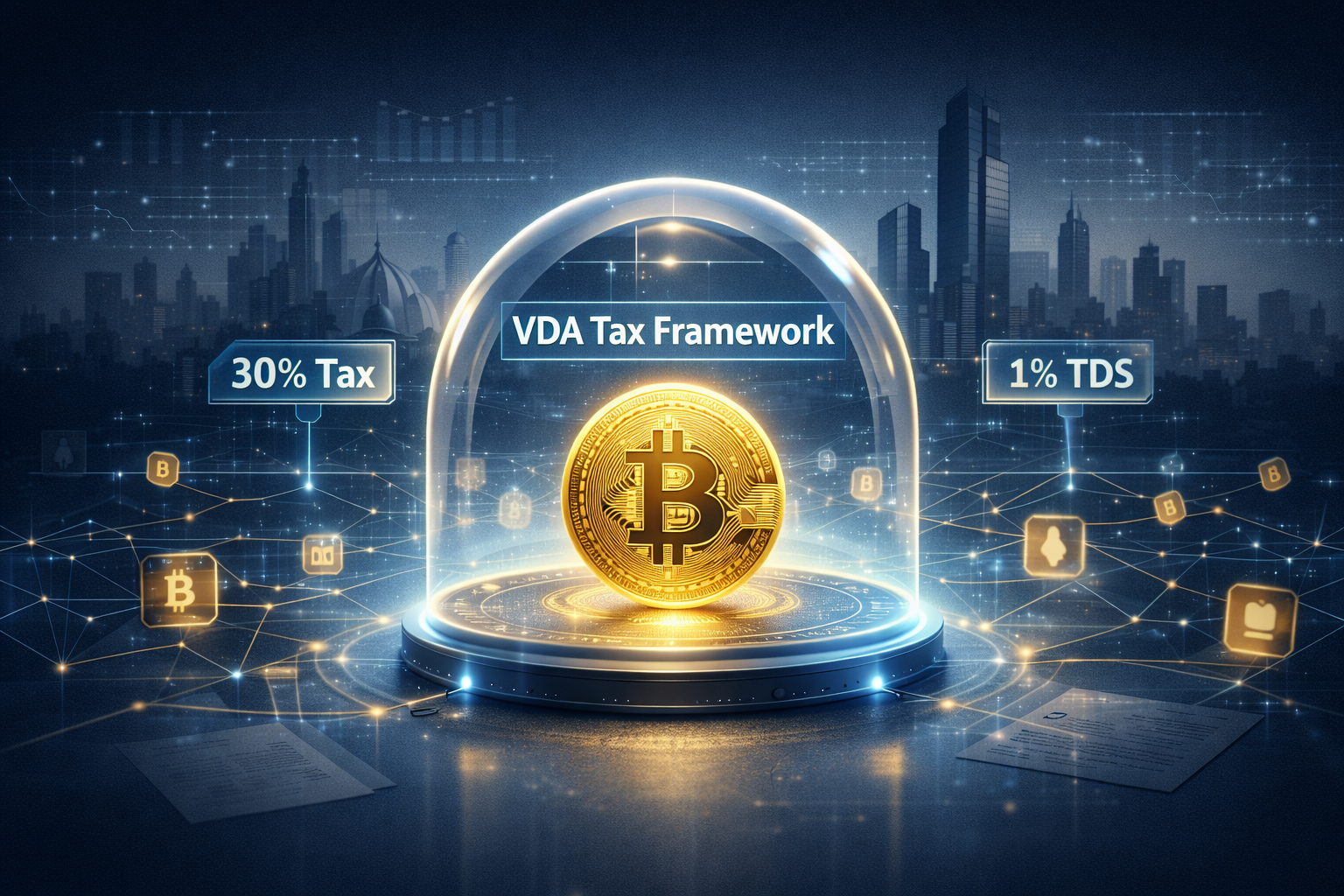 Cryptocurrency taxation in India showing VDA tax framework with 30 percent tax and 1 percent TDS on digital assets